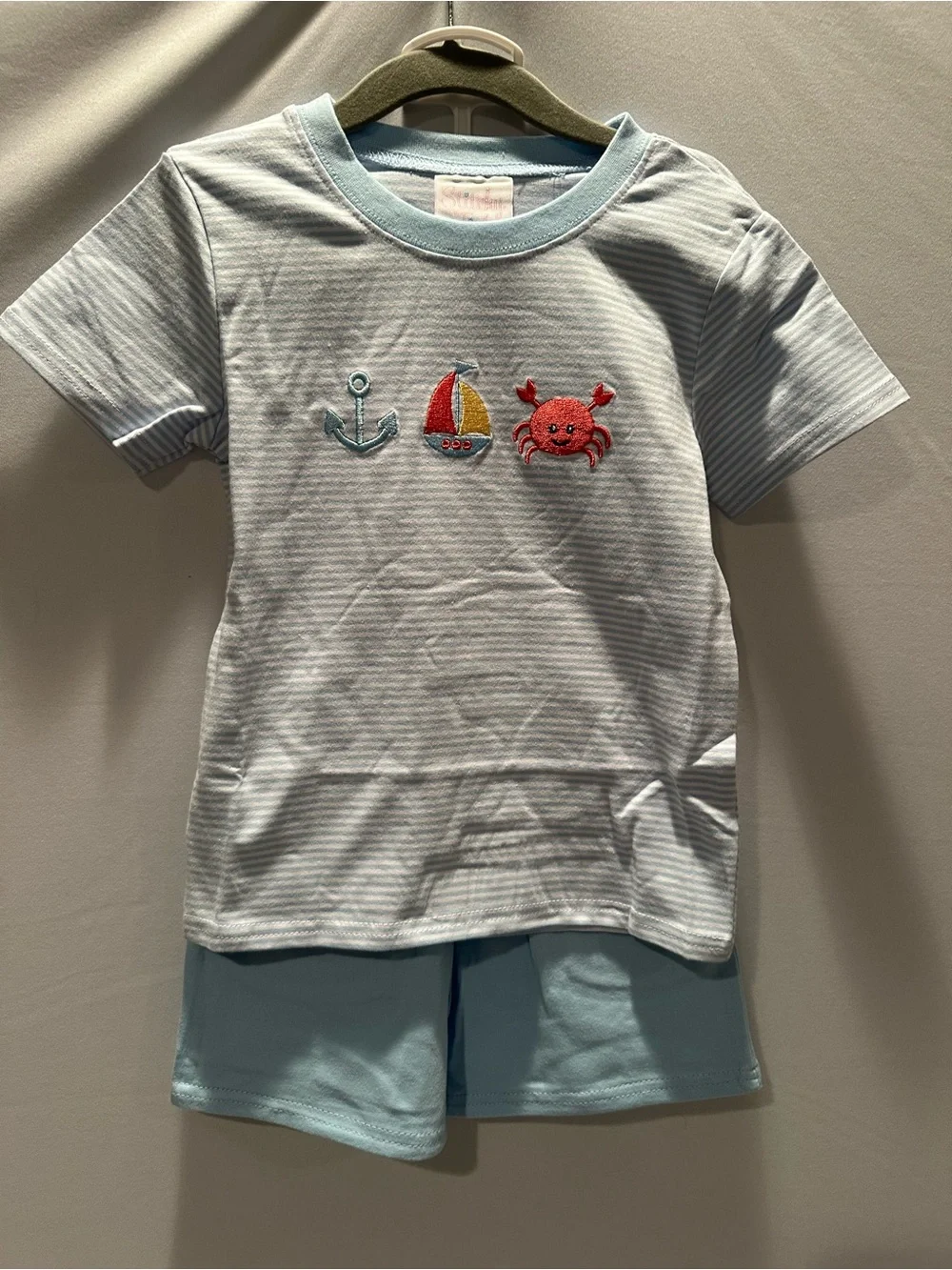 Light Blue Striped Kids Tee and Shorts with Nautical Embroidery